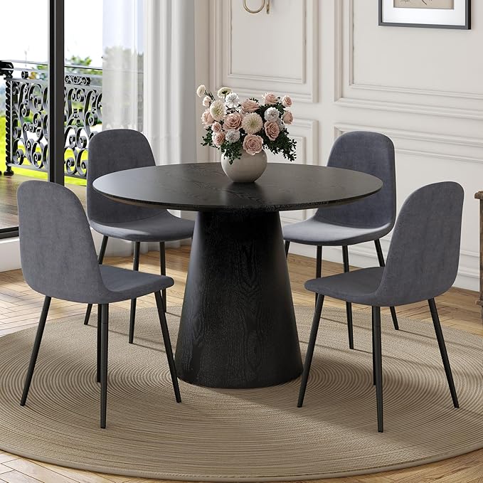 Round Dining Table Set for 4, 45" Modern Faux Marble Kitchen Table and Upholstered Chairs, 5 Piece Small Circle Dinette Set for Dining Room, Kitchen (Black Set)