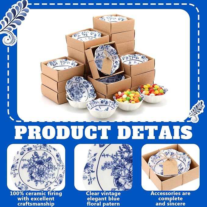 12 Pcs Wedding Favors for Guests Small Ceramic Bowl Bulk Gifts Set 3.3 Inch Floral Design Mini Dipping Sauce Dish with Card Box for Bridal Pooja Baby Shower Birthday Guest Gift (Blue)