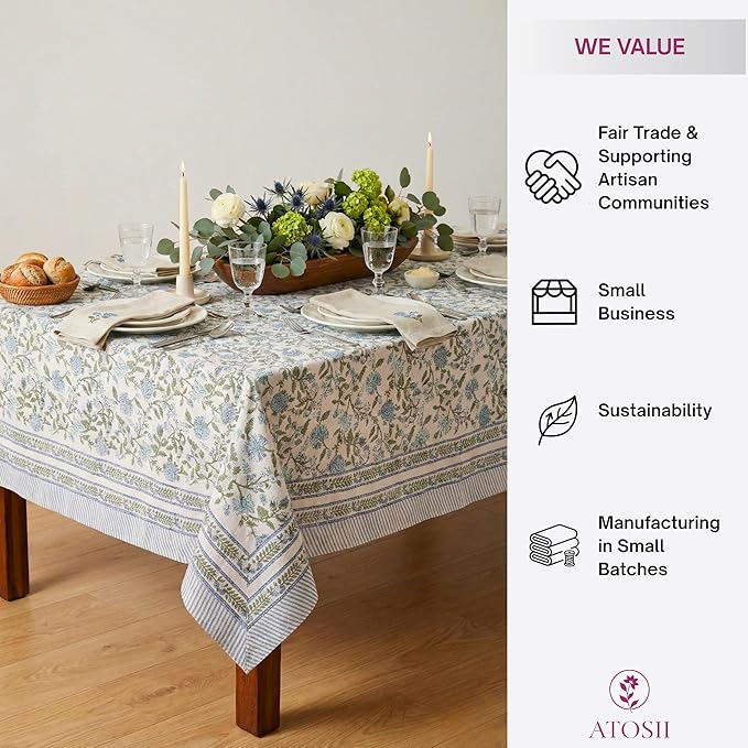 ATOSII Mahoka Blue 100% Cotton Rectangle Spring Tablecloth, Handblock Floral Linen Table Cloth for Kitchen Dining Table I Parties Weddings Outdoors Easter Home Decor 72 X 140 Inches I 12 Seater