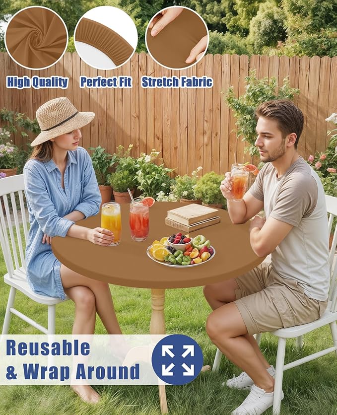 Round Spandex Tablecloth, Elastic Fitted Waterproof Tablecloths for 36"-44" Tables, Stretch Washable Picnic Table Cover for Camping, Dining, Indoor and Outdoor,Brown