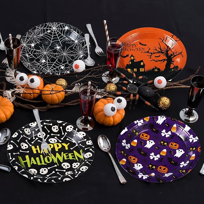 Umigy 120 Pcs Halloween Paper Plates 7 Inch Spider Web Party Plates, Pumpkin Spooky Disposable Tableware Supplies for Appetizer, Lunch, Dinner, Dessert