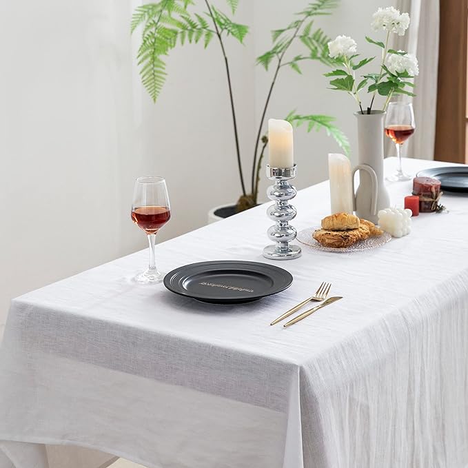 EVERLY Pure Linen Hemstitch Tablecloth,100% Stonewashed French Linen tablecloths for Kitchen Dining Rectangle Tables,60x132Inch Machine Washable Christmas Thanksgiving Organic Tablecloth-White
