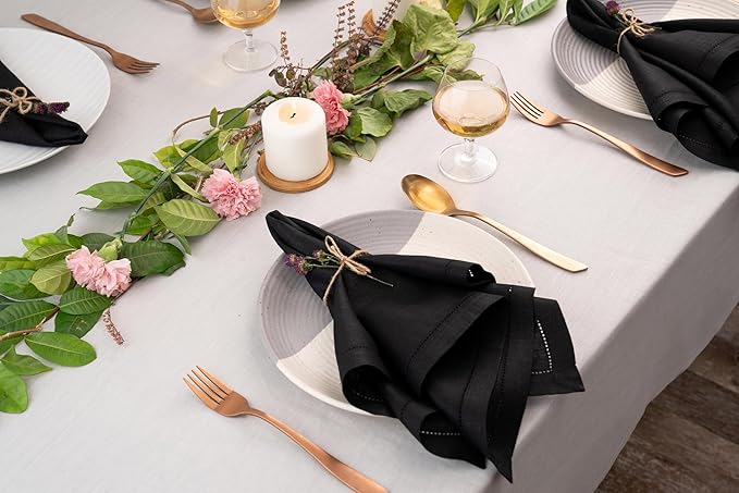 D'Moksha Homes Black Linen Napkins Set of 4 - Classic Hemstitch 100% Pure Linen Hemstitch Dinner Napkins 20 x 20 Inch for Spring, Easter - Handcrafted and Machine Washable