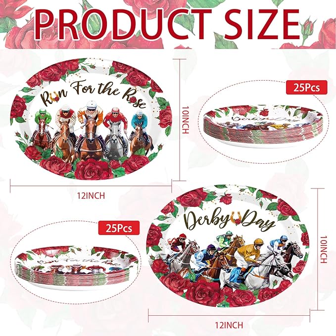 Grencian 50PCS Derby Oval Paper Plates 10" X 12" Disposable Heavy Duty Derby Horse Racing Plates Run for The Roses Dinnerware for Horse Race Day Boys Girl Birthday Party Decorations