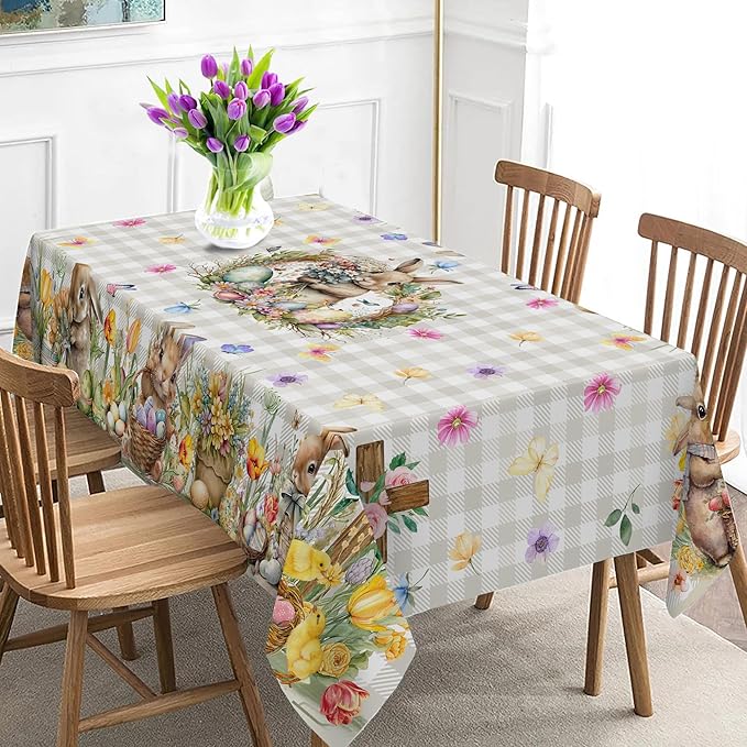Easter Tablecloth 60 x 120 Inch Rectangle, Easter Bunny Table Cloth Buffalo Check Plaid Kitchen Table Cover for Dining Room Spring Oblong Tablecloth Indoor Decor