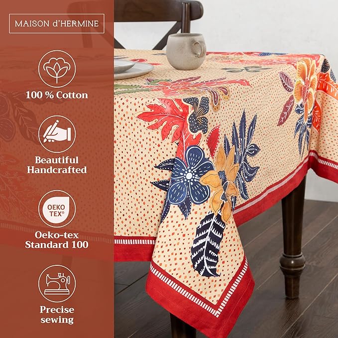 Maison d' Hermine Table Cloth Square Table 100% Cotton 60 x 60 Inches Fall Tablecloth Reusable Everyday Use for Thanksgiving Christmas Decorations Dining Farmhouse Party (Kalahari)