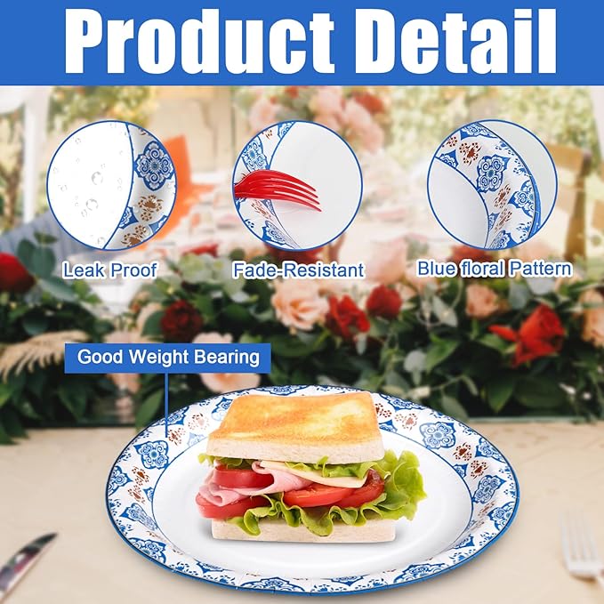 50Pcs Blue Floral Oval Plates 10"x 12", Large Disposable Paper Plates, Heavy Duty Flower Plate Tableware for Family Gathering, Dinner Time, Birthday, Wedding, Holiday Party Serving Supplies