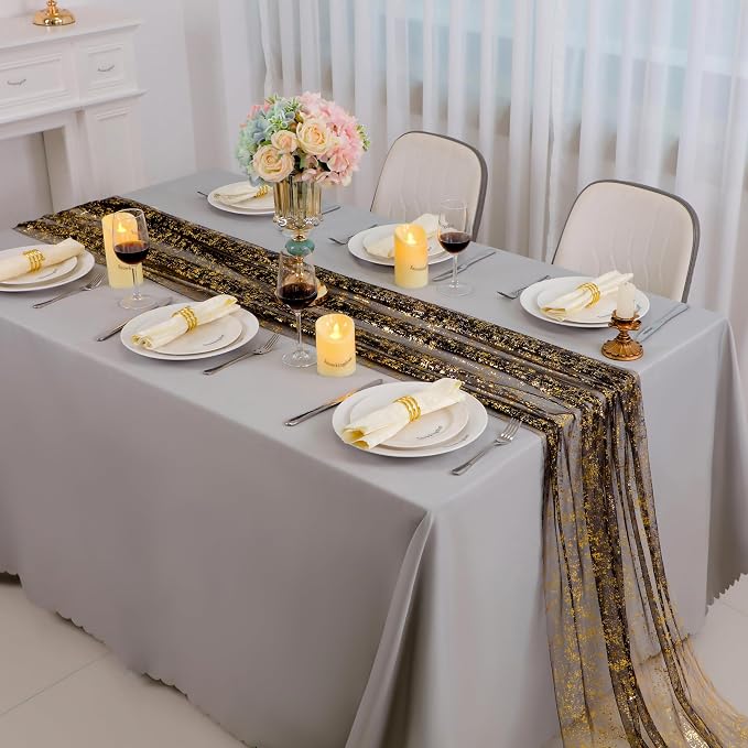 Snowkingdom 6 Pcs Black & Gold Cheesecloth Table Runner 10 FT, Sheer Chiffon - Image 2