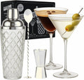 VEMACITY Silver Cocktail Shaker Set + 2 Ribbed Martini Glasses & Bar Tools | by Vemacity
