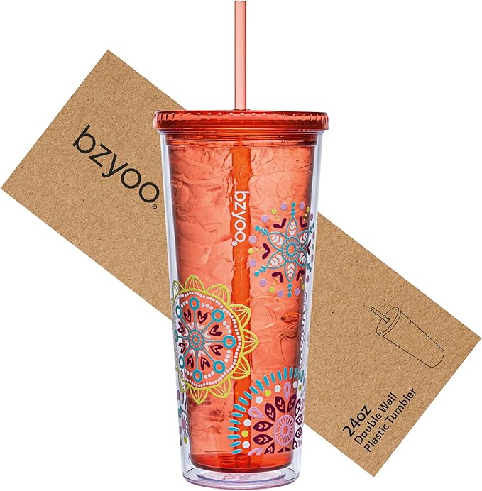 bzyoo 24oz Plastic Tumbler Cup, Lid & Straw, Iced Coffee, Medallion Orange | by bzyoo