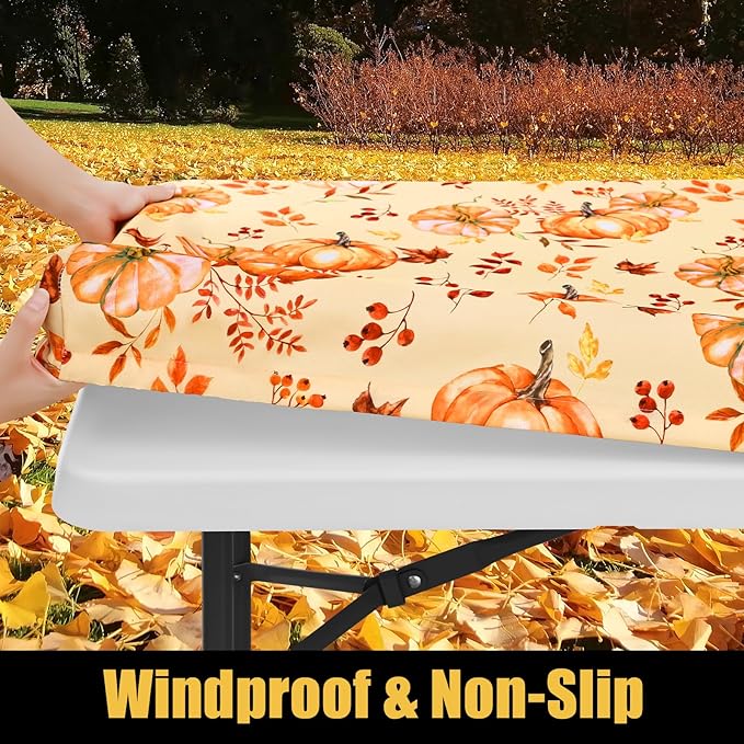 Smiry Rectangle Thanksgiving Table Cloth, Waterproof Elastic Fitted Tablecloths for 8 Foot Tables, Washable Polyester Table Cover for Autumn Harvest Parties (Pumpkin Leaf, 30"x96")