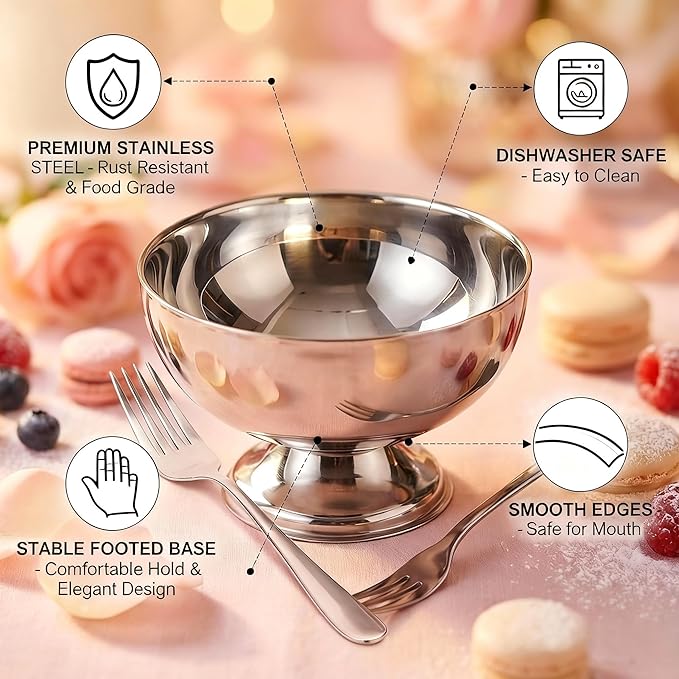 4 Pack Stainless Steel Dessert Bowls, Dessert Cups Ice Cream Cups with Footed Base, Serving Dessert Bowl for Fruit Salad, Pudding, Yogurt (silver)