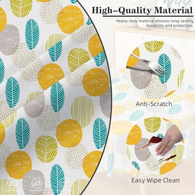 Laeacco 54 Inch Geometric Round Tablecloth Colorful Abstract Oval Leaf Pattern Modern Art Print Table Cloth Washable Waterproof Wrinkle Free Table Cover for Kitchen Dining Picnic Party Decoration