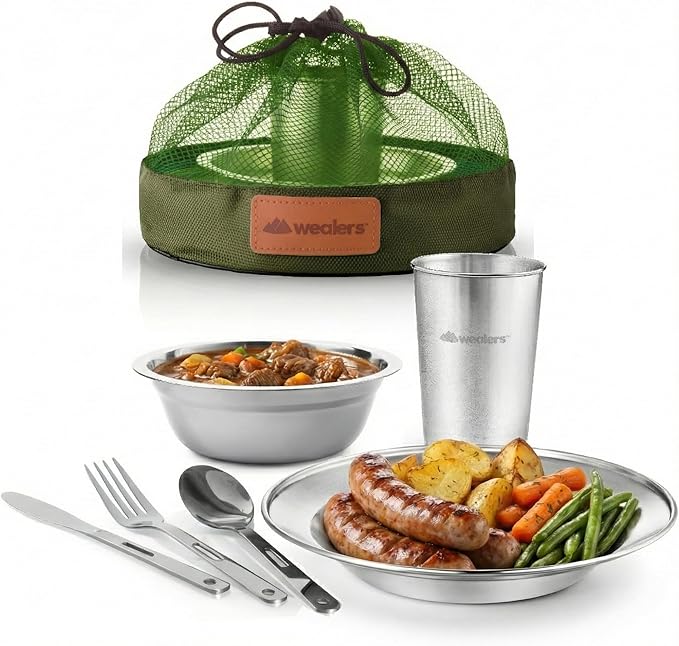 Unique Complete Messware Kit Polished Stainless Steel Dishes Set| Tableware| Dinnerware| Camping| Includes - Cups | Plates| Bowls| Cutlery| Comes in Mesh Bags