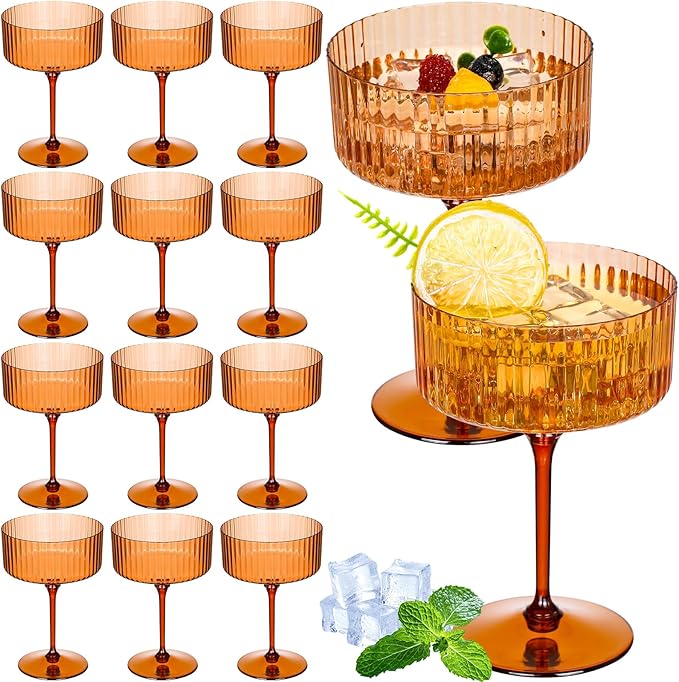 12 Pcs Ribbed Martini Glasses 10 oz Disposable Plastic Vintage Ribbed Coupe Glasses Unbreakable Dessert Parfait Glassware for Wedding Birthday Party Supplies (Brown)