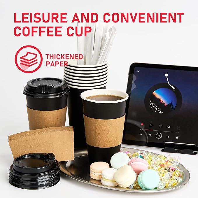 Coffee Cups with Lids 16 oz 100 Pack, Sleeves and Stirring Sticks, To Go Cups - Image 3