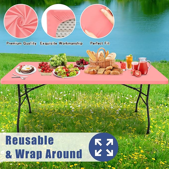 Spandex 4 Foot Rectangle Table Cloth 2 Pack, Elastic Fitted Tablecloths for Picnic, Stretch Washable Patio Table Cover for Outdoor, Camping, Banquet and Parties (Coral Red, 24"x48")