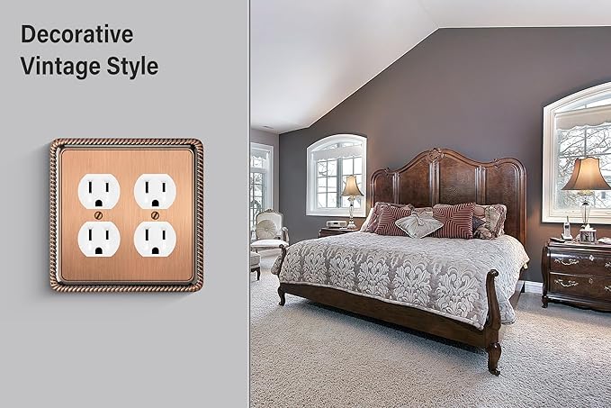Henne Bery Rope Edge Decorative Wall Plate Switch Plate Outlet Cover (Double Duplex, Antique Copper)