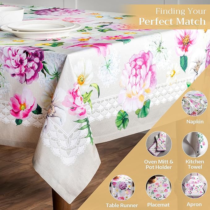 Maison d' Hermine Table Cloth Rectangle Table 100% Cotton 60 x 90 Inches Tablecloth Reusable Decorative for Dining Room Farmhouse Home Valentines Day Decorations Spring Summer - Pivoine