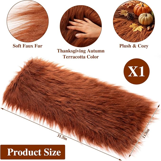 Irenare Fall Thanksgiving Table Runner Terracotta Decor Small Luxury Faux Fur - Image 2