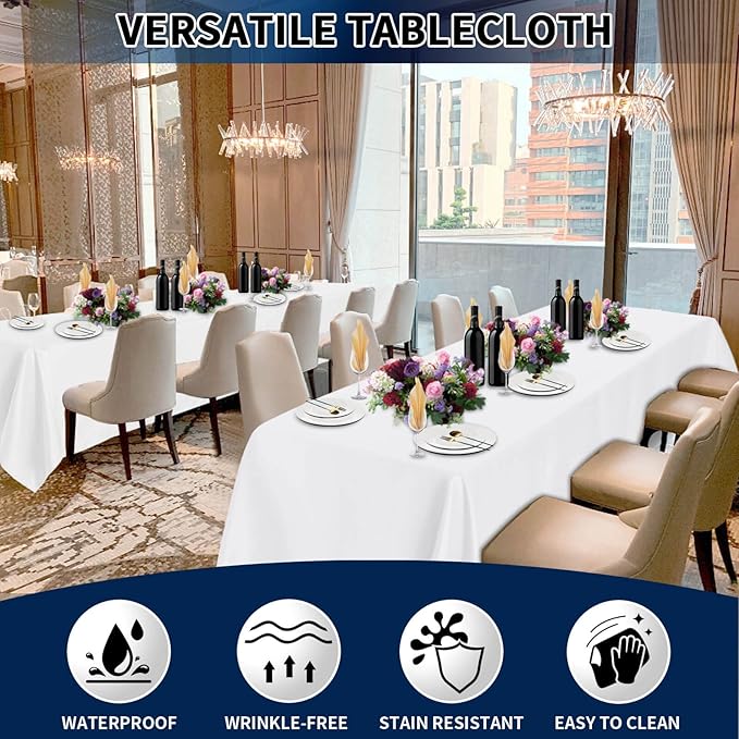 PureFit 10 Pack Rectangle White Table Cloths 60 x 126 Inch for 6Ft Tables, Stain and Wrinkle Resistant Table Linens for Home Use, Wedding, Party, Banquet and Camping