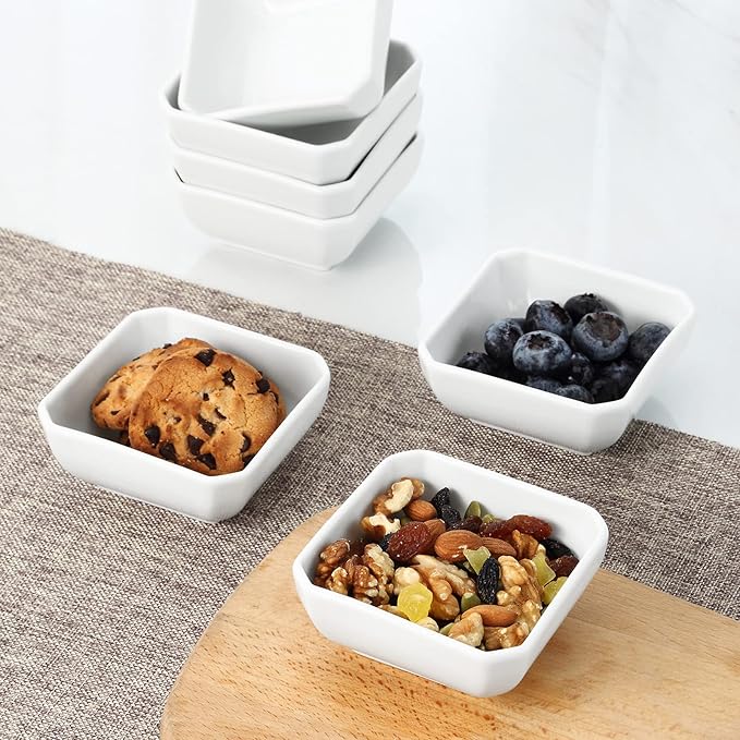 Yedio Square Dipping Bowls Set of 6, 6 Oz Small Porcelain Sauce Bowls for Side Dishes, Appetizers, Snacks, Baking & Dessert, White, Oven Safe