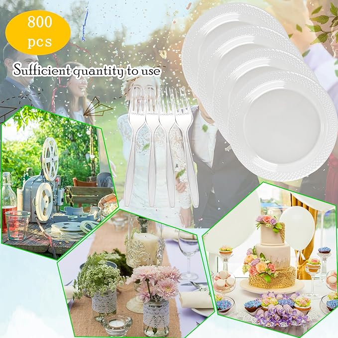800 Pcs Clear Plastic Dessert Plates with Forks Include 400 Disposable Appetizer 6 Inch Plates 400 Plastic Forks Round Cake Salad Bulk Serve 400 Guests for Christmas New Year Wedding Birthday Party