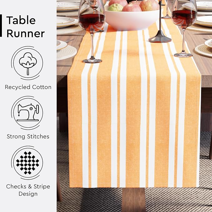 Encasa XO Table Runner, Woven Cotton Dining Runner 13"x94" Franca Yellow Stripes - Image 3