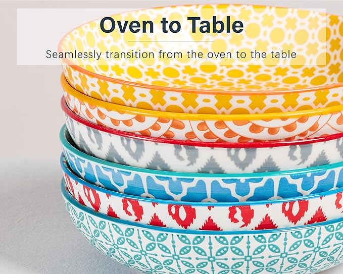 ONEMORE Colorful Pasta Bowls Set of 6, 36oz - Oven/Microwave/Dishwasher Safe Ceramic Wide Bowl for Dinner - Stackable, Scratch Resistant - Assorted Colors