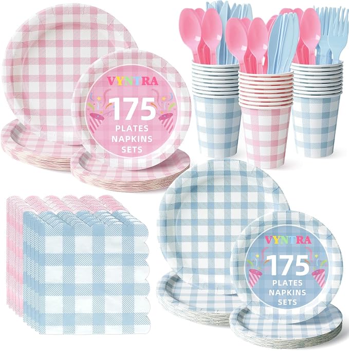 Vyntra 350 Pcs Pink & Blue Gingham Paper Plates and Napkins Set by PartyTablewareSupplies