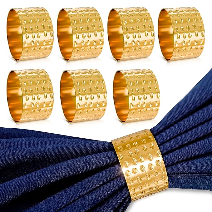 Valentine Gold Napkin Rings - Hammered Gold Napkin Rings Set of 8-1.8"x1.1" Sturdy Metal Napkin Ring Holders for Weddings & Holiday Dinners, Romantic Valentine Table Decor, Stylish Gifts for Hosts