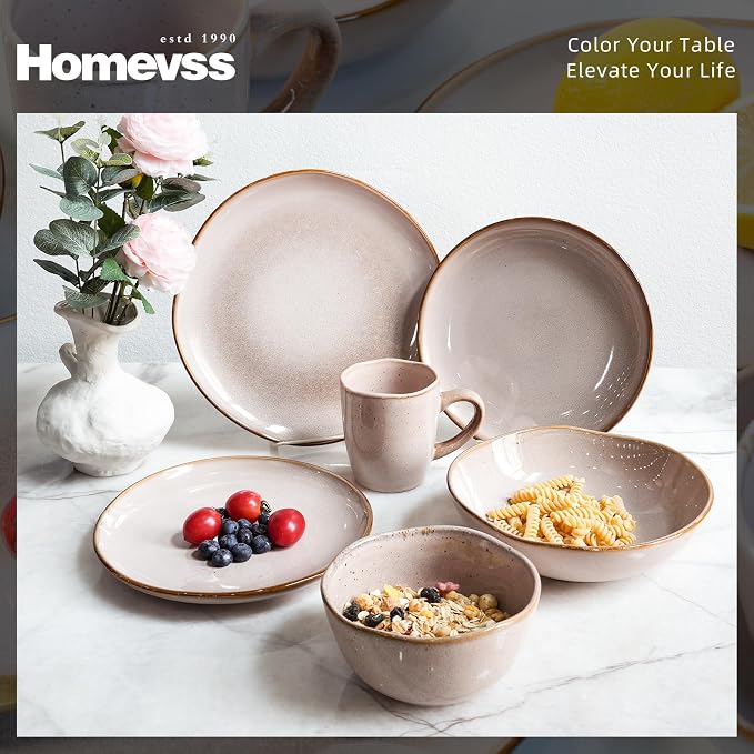 Highland 16pc Dinnerware Set, Unique Organic Shape Double Bowl， Stoneware Plate - Image 3