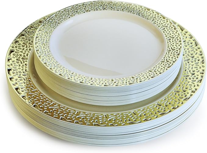 OCCASIONS 120 Plates Pack,(60 Guests) Premium Wedding Party Disposable Plastic Plates Set -60 x 10.25'' Dinner + 60 x 7.5'' Salad/Dessert (Florence Ivory/Gold)