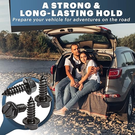 Black License Plate Screws Kit - Set of 8 Fasteners For Front and Back License Plates and License Plate Frames or Covers on Domestic Cars, Trucks, SUVs - Rustproof, Self Tapping Mounting Bolts (Black)