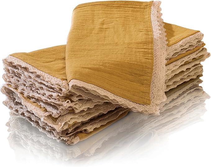 FINGERCRAFT Dinner Cloth Napkin Cotton Muslin Double Gauze 4 Pack with Classic Lace for Everyday Use, Wedding, Party, Christmas, Easter Napkins Cloth are Pre Shrunk and Good Absorbency Gold