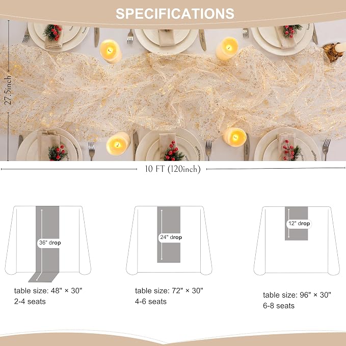 Snowkingdom 10 Ft Gold Table Runner, Sheer Gauze Chiffon Tulle Cheesecloth - Image 5