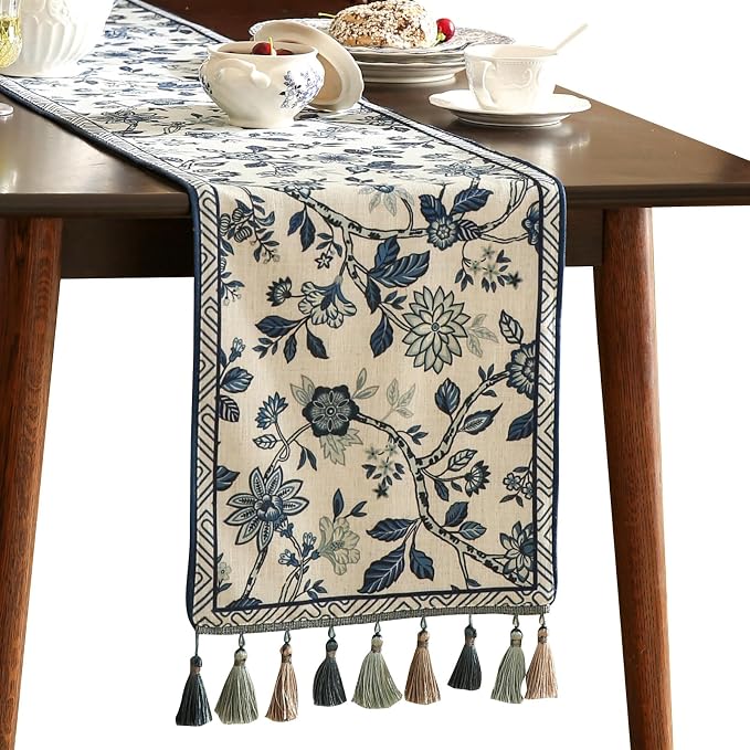 bilin gaier Designer French Linen Extra Long Table Runner, Floral Pattern by bilingaier