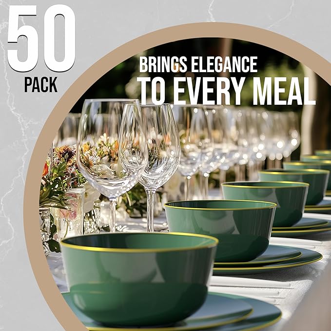 Trendables Disposable Bowls - 24 Oz Set of 50, Green Gold Rimmed Fancy Serving Bowls, Perfect for Ice Cream, Salad, and Candy
