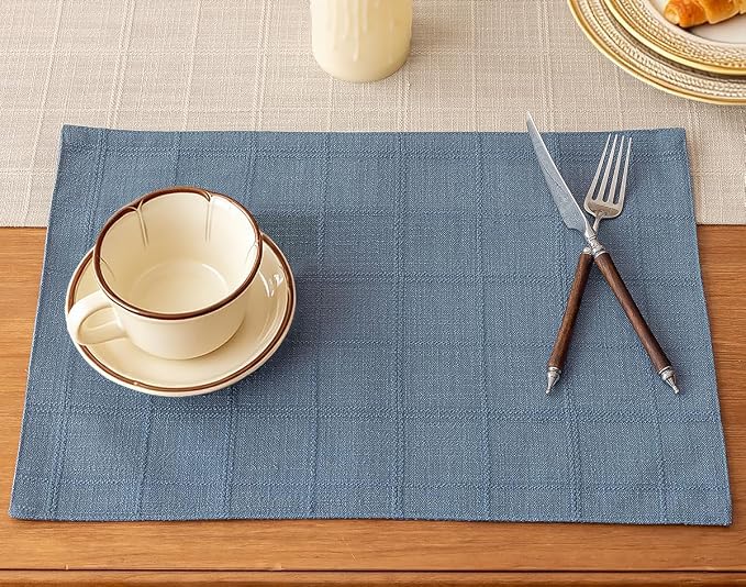 Linen Checked Placemats Set of 4, Machine Washable, Thick Textured Farmhouse by Aoztio