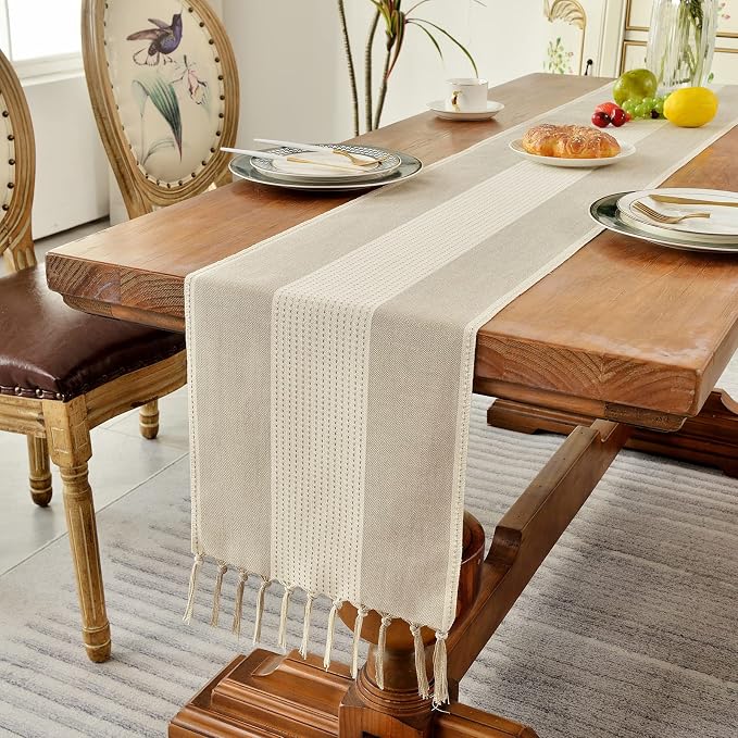 Wracra Linen Table Runner, Stripe Table Runners 60 Inches Long Light Coffee | - Image 5