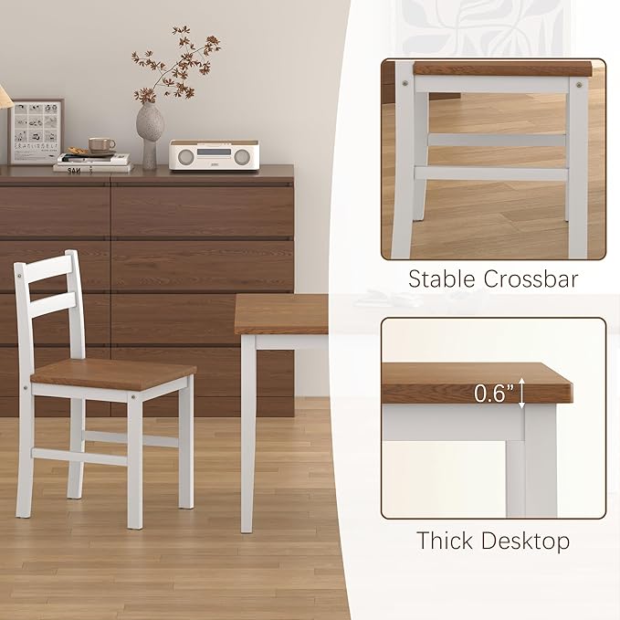 5 Piece Dining Table Set, Solid Wood Dining Table Set for 4, Farmhouse Table and 4 Chairs Set, 43.3'' Rectangular Kitchen Table Set for 4, Walnut & White