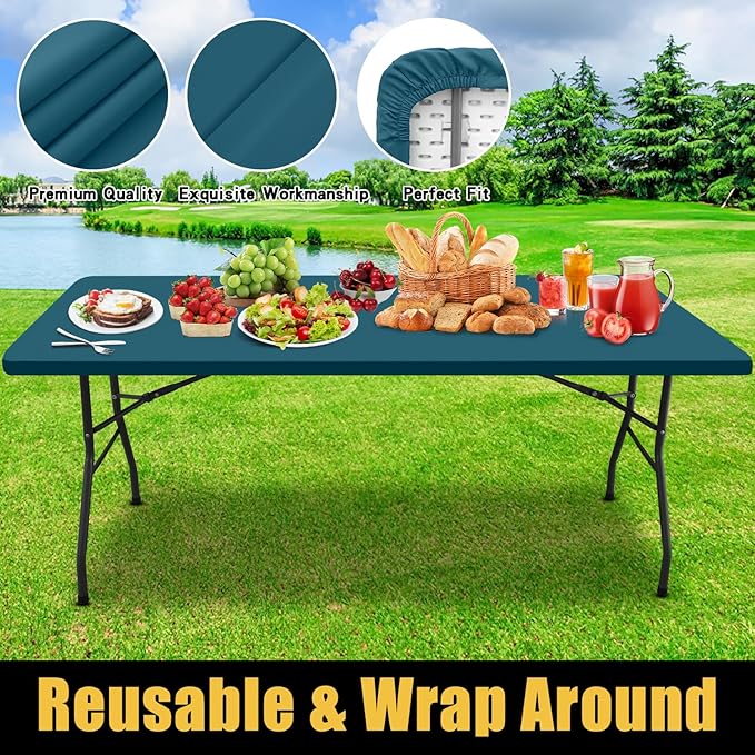 Smiry Rectangle Picnic Table Cloth, Waterproof Elastic Fitted Tablecloths for 6 Foot Tables, Washable Polyester Table Cover for Camping, Indoor and Outdoor (Peacock Blue, 30"x72")