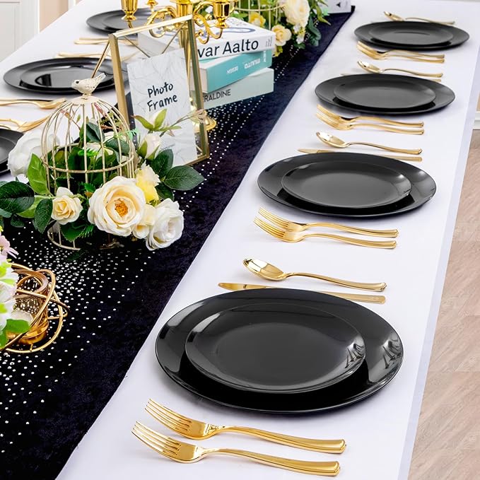 PULOTE 100PCS Black Plastic Plates Disposable - Premium Heavy Duty 50 Black Dinner, 50 Dessert/Salad Plates - Ideal for Party, Halloween