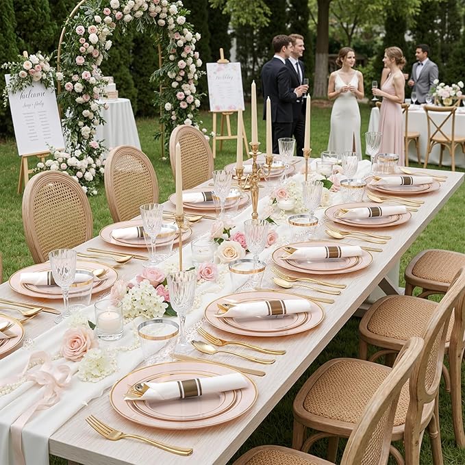 350PCS Pink Disposable Plates - Pink Plastic Plates 50Guests Plastic Dinnerware Sets with Rolled Napkins for Wedding/Birthday/Baby shower/Easter