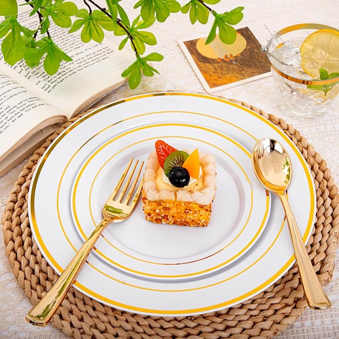 bUCLA 600Pcs White and Gold Plastic Plates - Gold Disposable Dinnerware Set for 100 Guests Include 100 Dinner & 100 Dessert Plates, 100 Cups, 100 Forks, 100 Spoons, 100 Knives for Party