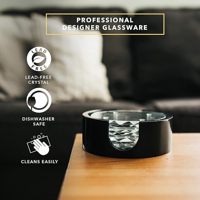 Dragon Glassware Crystal Coasters - Clear Glass Coasters for Drinks Set of 4 - Barware for Coffee Table - Diamond Coaster Set with Holder