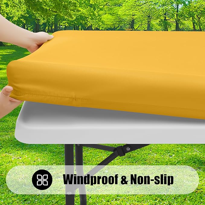 Smiry Rectangle Picnic Table Cloth, Waterproof Elastic Fitted Tablecloths for 8 Foot Tables, Washable Polyester Table Cover for Camping, Indoor and Outdoor (Mustard Yellow, 30"x96")