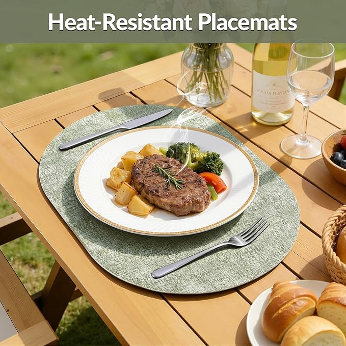 Placemats Set of 8, 11.8 x 17 Inch, Grass Green | Heat Resistant Oval Faux - Image 4