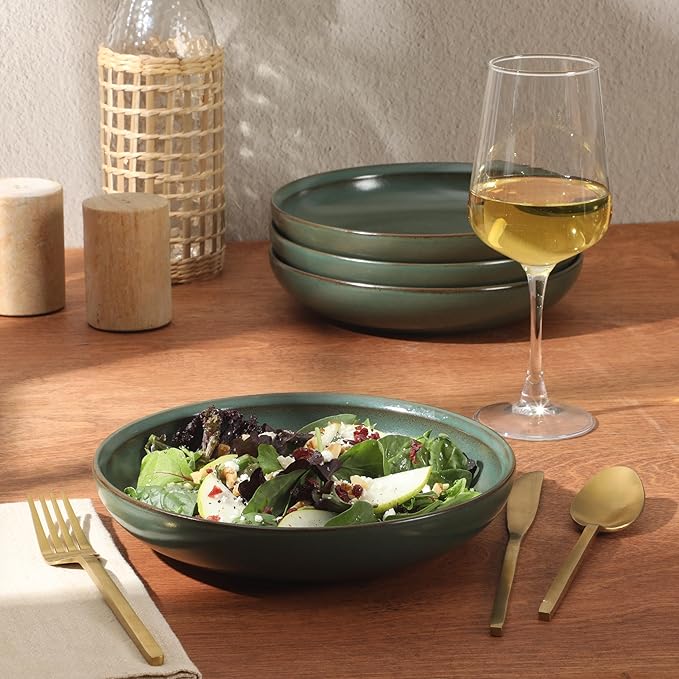 Gibson Elite Beckett 4-Piece 9 Inch Dinner Plate Bowl Set – Reactive Glaze Stoneware – Shallow Serving Pasta Bowls (Blate) – Wide-Rim Round Shape – Microwave & Dishwasher Safe - Green