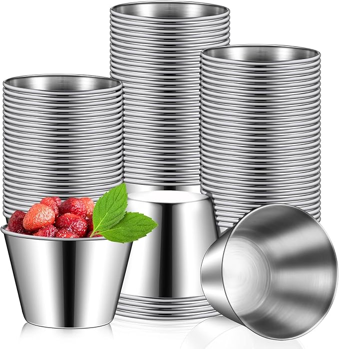 Mimorou 100 Pcs 2.5oz Metal Ramekins Stainless Steel Sauce Dipping Cups Ramekins Bulk Sauce Container Round Dipping Bowls Condiment Cup for Dish Butter Kitchen Restaurant Serving Party Dinner Cooking